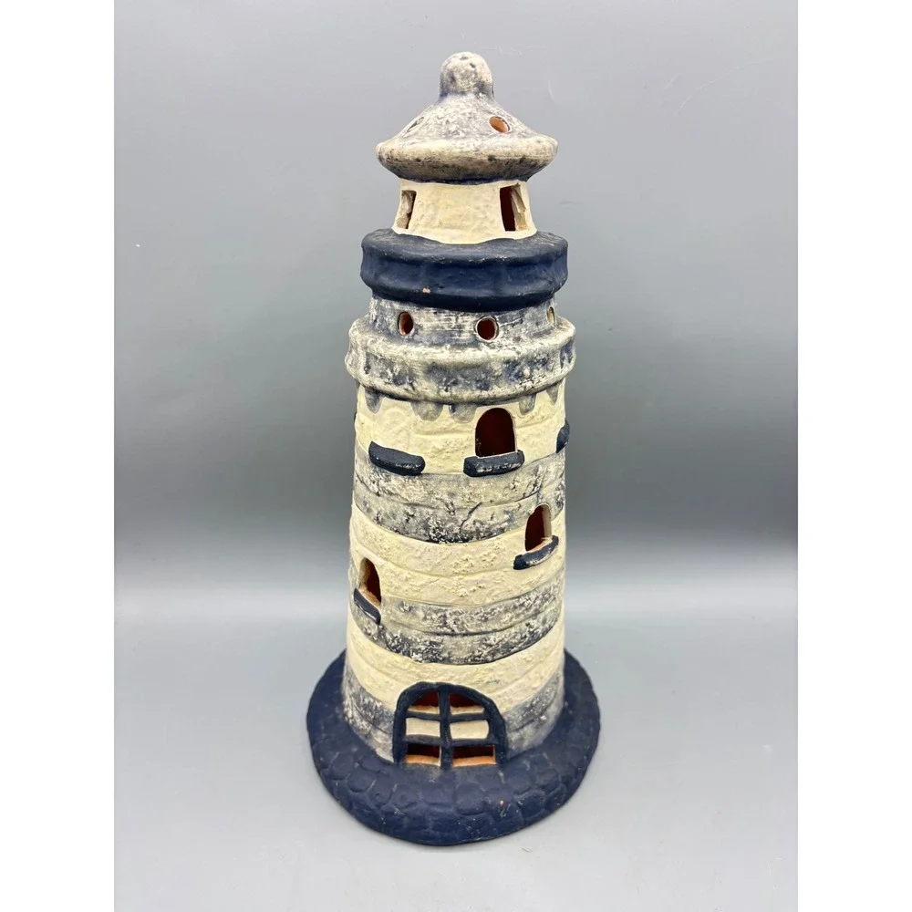 Nautical Coastal Ceramic Lighthouse Candle Holder Tealight Lantern Terracotta‎